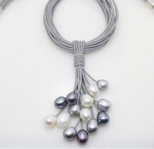 Cadenas 12mm Blanco Real Negro Gris Collar de perlas de agua dulce Cordón de cuero Cierre magnético Dongguan Girl Jewerly Store
