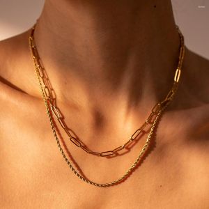 Cadenas 18k chapado en oro clip de papel collar doble cadena de cuerda acero inoxidable vintage impermeable lujo para mujeres a prueba de deslustre
