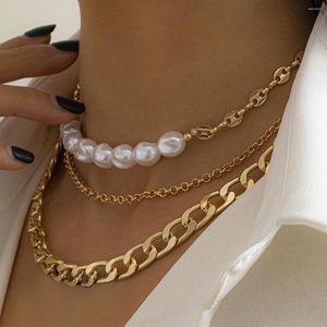 Chaînes 3 pièces/ensemble rétro multicouche Baroque Imitation collier de perles femmes Punk gros métal épais chaîne colliers fille fête bijoux
