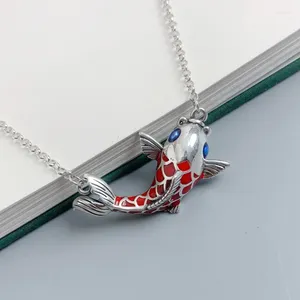 Cadenas 925 Carpa de plata Collar de pescado rojo para mujeres Esmalte vintage Cadena de clavícula artesanal Exquisito Estilo chino Joyería colgante