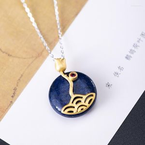 Cadenas 925 Plata esterlina Retro Collares étnicos para mujeres Estilo chino Lapis Lazuli Lotus Colgante Gargantilla Cadena Joyería 2022 XL035