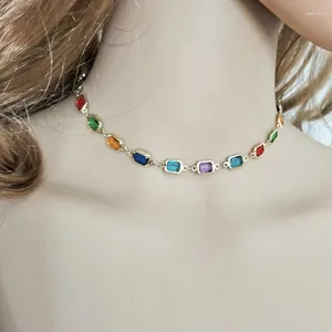 Chaînes Bohême Pierres précieuses colorées Diamants carrés Pendentifs en acier inoxydable Collier de déclaration pour femmes Bijoux de mode