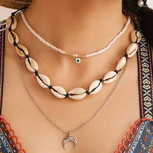 Chaînes bohème géométrie tissage corde coquille multicouche pendentif collier femme demi-lune perle pierre yeux trois couches