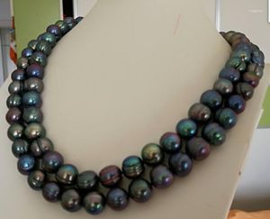 Chaînes Double Rangs 10-11mm Collier de Perles de Tahiti Noir Vert 18