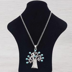 Chains Fashion Tibetan Silver Color Large Faux Turquoise Stone Tree Pendants Colliers sur Long Curb Chain Linenlook 34 