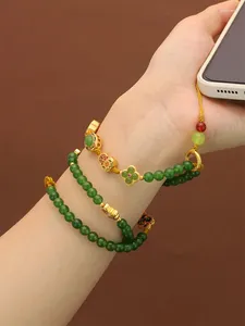 Chaînes Agate verte longue chaîne de téléphone originale tressée à la main Vintage éléments chinois collier cuivre émail cloisonné cristal