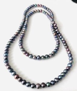 Chaines à main nouée 7-8 mm paon vert noir noires d'eau douce perles de 80 cm collier femmes bijoux de mode