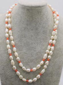 Cadenas anudadas a mano hermosas 8-10 mm blanco agua dulce cultivada perla barroca collar de coral rosa 82 cm joyería de moda