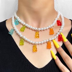 Cadenas coreanas Gummy Bear collar con cuentas de perlas para mujeres niñas Color del arco iris cuentas dibujos animados Teddy hecho a mano gargantilla collares joyería