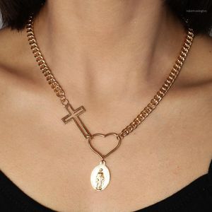 Chaînes Amour Coeur Jésus Croix Pendentif Collier Grand Punk Vent SliverGold Chaîne Cadeau Pour Les Femmes Bijoux En Gros1