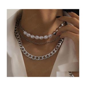 Chaînes Mélanger Épissage Perles Rondes Chaînes Mti Couche Sexy Clavicule Colliers Pour Femmes Hip Hop Imitation Perle Collier En Métal Bijoux Dr Dhpls