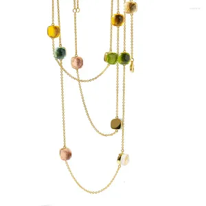 Chaînes Collier de pull à brin cristal multicolore Long pour les femmes Couleur or d'automne Géométrie hivernale pierre