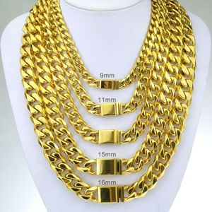 Chaînes Nice Gold Tone Hommes Femmes Cubain Lien Collier Hip Hop Chaîne En Acier Inoxydable Gourmette Cuban9 11 13mm Largeur De Bande; 18 pouces-30 pouces