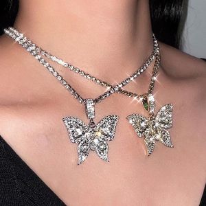 Cadenas Punk Hiphop brillante mariposa grande colgante collar joyería mujer venta al por mayor cristal Diamante de imitación Animal tenis cadena gargantilla 2023