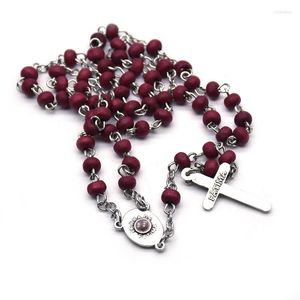 Chaînes couleur rouge bois perlé croix pendentif collier femmes hommes géométrique chapelet catholique religieux bijoux