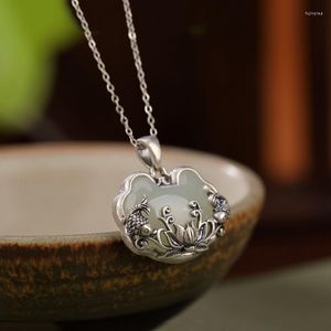 Cadenas Retro 925 plata Natural un Jade pez en forma de flor de loto collar estilo chino Ruyi colgante clavícula cadena joyería