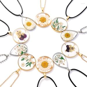 Chaînes Transparent Réel Naturel Fleur Séchée Résine Pendentif Alliage Chaîne Collier Jonquilles Daisy Blomoss Pétale En Métal Dangle