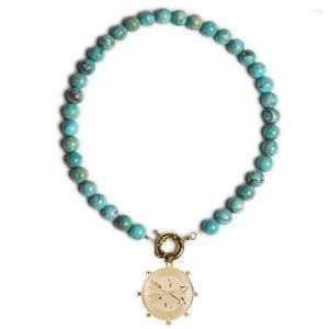 Chaînes En Gros Mode Féminine Femmes Edna Collier 8 Mm Turquoise Bleu Jaspe Perles Bijoux Uniques Mousqueton HYPSO Pendentif