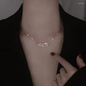 Cadenas Yachu Color plata geométrico entrelazado doble anillo papel Clip encanto collar para mujer rectángulo clavícula cadena joyería
