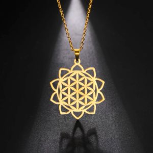 Collares con flor de la vida de chakras para mujer, amuleto de oro amarillo de 14 quilates, cadena para el cuello, flor geométrica sagrada, regalo de joyería de Mandala