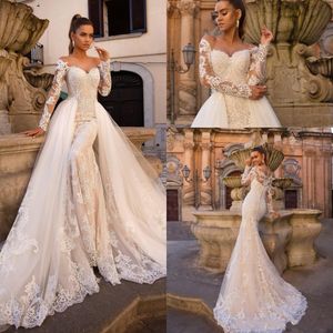 Champagne Lace Mermaid Wedding Dresses 2020 Sheer Tulle Long Sleeves Sweep Train Wedding Bridal Gowns robes de mariée With Detachable Skirt