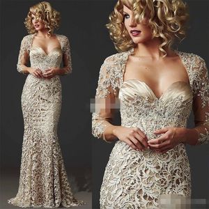 Champagne dentelle mère de robes de mariée veste manches longues perlées 2023 grande taille sur mesure sirène chérie décolleté robes de soirée