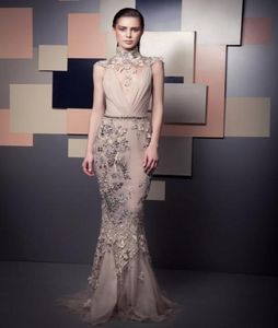 Champagne Ziad Nakad sirène perlée robes de soirée col haut dentelle appliqué longueur de plancher robes de bal Tulle paillettes robe formelle4069738