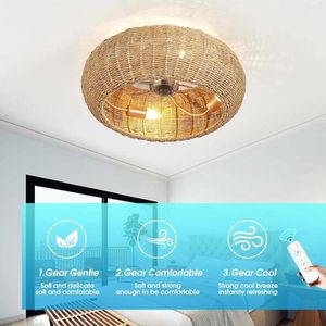 Lustres Ventilateur de plafond en cage avec lumières encastrées, ventilateurs en rotin à profil bas et télécommande E