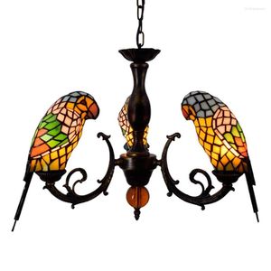 Lustres Créatif Rétro Jaune Perroquet Oiseau Lustre Tiffany Lumières Vitrail Salle À Manger Chambre Bar Couloir Avec Trois