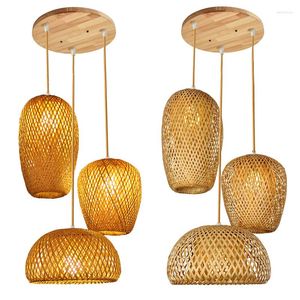 Candelabros hechos a mano de ratán Natural LED linterna de bambú luces colgantes de mimbre pantallas tejidas a mano bombilla E27 luz colgante
