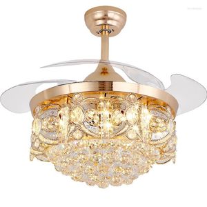 Lustres De Luxe Or LED Lustre Éclairage Télécommande Fantaisie Pendentif Lampe Maison El Moderne Cristal Ventilateur De Plafond Avec Lumière