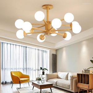 Lámparas de araña Diseño de madera nórdico moderno Lámpara LED para sala de estar Dormitorio Comedor Cocina Lámpara colgante de techo Bola de cristal Luz E27