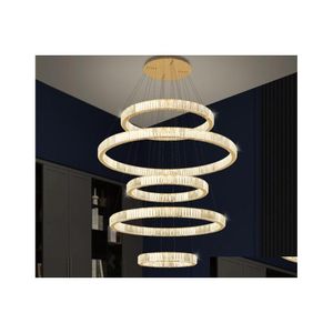 Lustres Villa Haut Plafond De Luxe K9 Cristal Anneau Led Dimmable Pendentif Lumière Ronde Or / Acier Chromé Lampe Déco Éclairage Goutte D Dhiwz