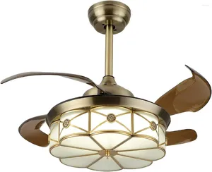 Lustres Vintage rétractable lumière Tiffany style rétro lustre ventilateur avec télécommande éclairage 3 couleurs 3 vitesses cuivre verre lampsha