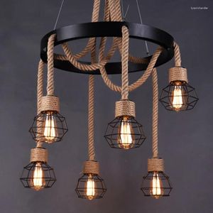 Lustres Vintage corde lustre noir en fer forgé 6 tête cage lampe suspendue style industriel loft restaurant bar café éclairage