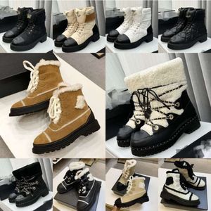 Botas de combate acolchadas de Channel Paris Chan Puff Bota de tobillo acolchada de piel de oveja con cordones Botines de nieve gruesos con forro de lana Sherpa Tacones de bloque para mujer Zapatos de invierno entrelazados