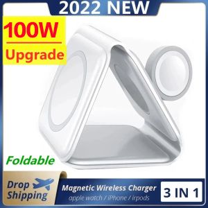 Chargers 100W 3 In 1 Magnetic Wireless Charger Pad Stand pour iPhone 14 13 15 Pro Max 8 AirPods Iwatch Fast Wireless Charging Dock Station