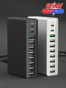 Chargers 65W Charge rapide Chargeur USB PD Type C pour iPhone Huawei Multi Port Quick Charging Station 60W Adaptateur de téléphone portable portable portable