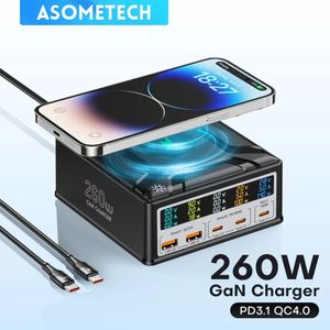 Chargers ASOMETECH 260W GaN Charger Digital Display Desktop USB Type C Charger 140W PD3.1 PPS QC4.0 Quick Charger For Laptop Tablet Phone