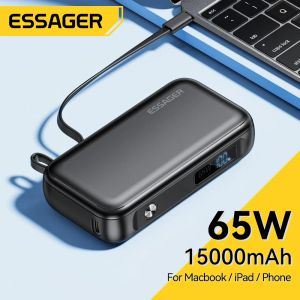 Chargers Essager 15000mAh Banque d'alimentation portable dans le câble USB C Pack de batterie de rechange externe pour iPhone iPad Book 65W Charger rapide