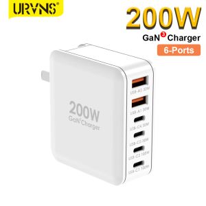 Chargers URVNS 200W USB C Fast Charger, 6 Ports GaN PD100W Bloque de carga de laptop para MacBook Pro/Air iPad Pro/Air iPhone 15/14 Vapor cubierta de vapor