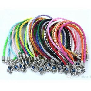 Pulseras con dijes 100 unids / lote Hamsa Mano Ojos de Turquía Pulsera de cuero mixta - Colgante de la suerte 17 -21 cm Joyería de entrega de gota Dh64G