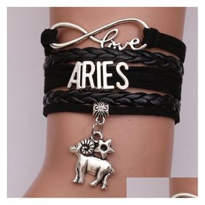 Pulseras con dijes 12 Signo del zodiaco Amor Infinito para mujeres Hombres Horóscopo Letra Trenzado Cuerda de cuero Brazalete Moda DIY Joyería Drop Dhgbl