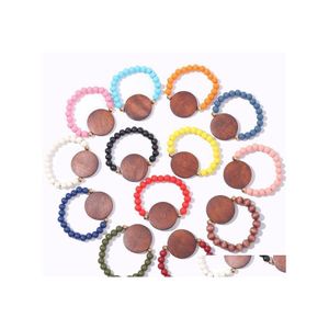 Pulseras con dijes 13 colores 8 cm Monograma Moda Grano de madera Pulsera Disco Chip Brazaletes Yoga Madera Ajustable Elástico Mujeres Gota con cuentas Dhxrh