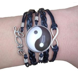 Bracelets porte-bonheur 2023 Yin-Yang Tai Chi Bracelet en cuir multicouche Punk Marron / noir / blanc Rétro Antique Time Gem Femme Cadeau de fête AT145-156