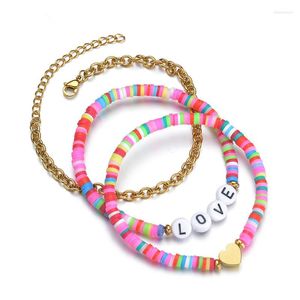 Charm Bracelets 3 piezas Heart Letter Bracelet Set Summer Beach Jewelry Acero inoxidable Gold Color Link Chain Colorful Polymer Clay Beads