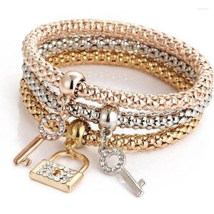 Bracelets de charme 3 PCS / Set Crystal Key Lock Pendant Set pour femmes Girls Friends Gifts Elastic Corde Chain Bangles