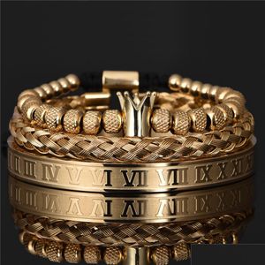 Charm Bracelets 3Pcs Roman Royal Crown Bracelet Hombres Geometría de acero inoxidable Pseiras Hombres Open Ajustable Pareja Joyería Regalo Drop De Dhokv