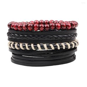 Bracelets Charm 4pcs/set boho gitano hippy hipunk punk cuero negro cordón nudos de cordón de cabezas de madera roja juego ajustable para hombre