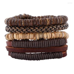 Bracelets porte-bonheur 4 pièces/ensemble Boho Gypsy Hippie Punk en bois Beige noix de coco perle marron foncé cuir cordon enveloppement macramé ensemble pour homme